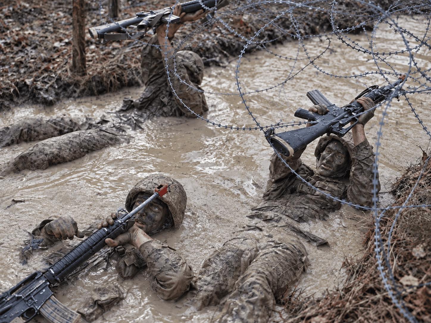 Service members moving through a muddy obstacle lane beneath concertina wire during military training.