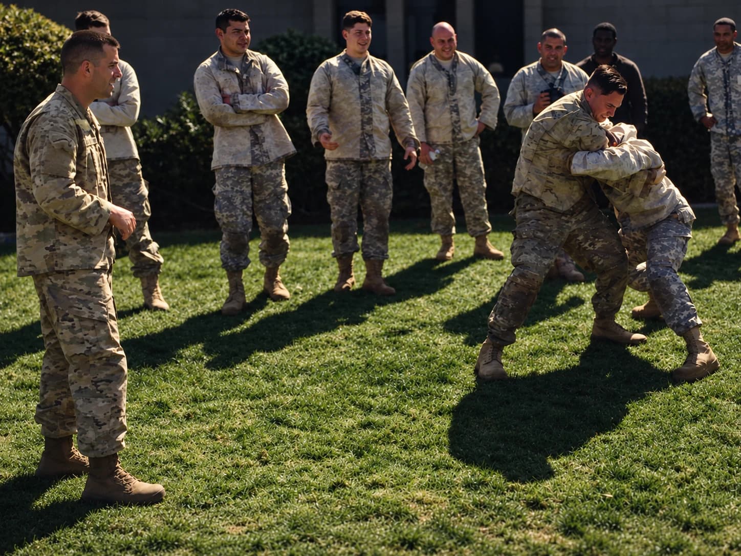 Military training group observing two service members during a grappling drill.