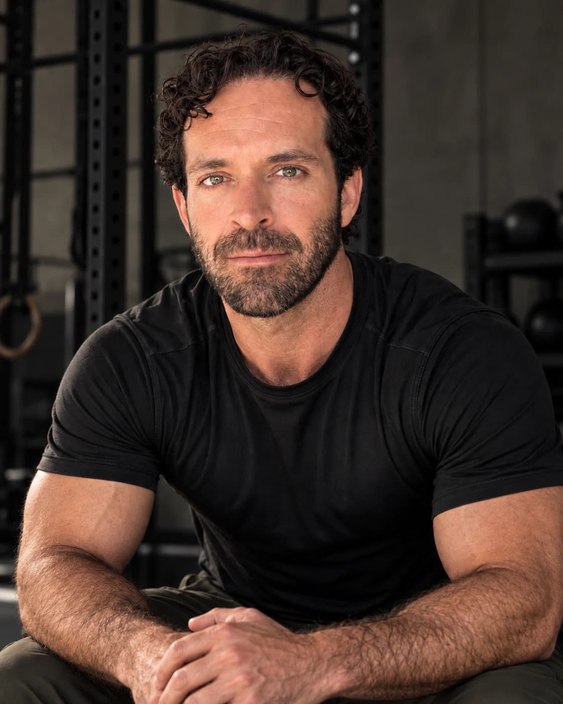 Present-day founder portrait, seated in a gym with face, shoulders and hands visible.
