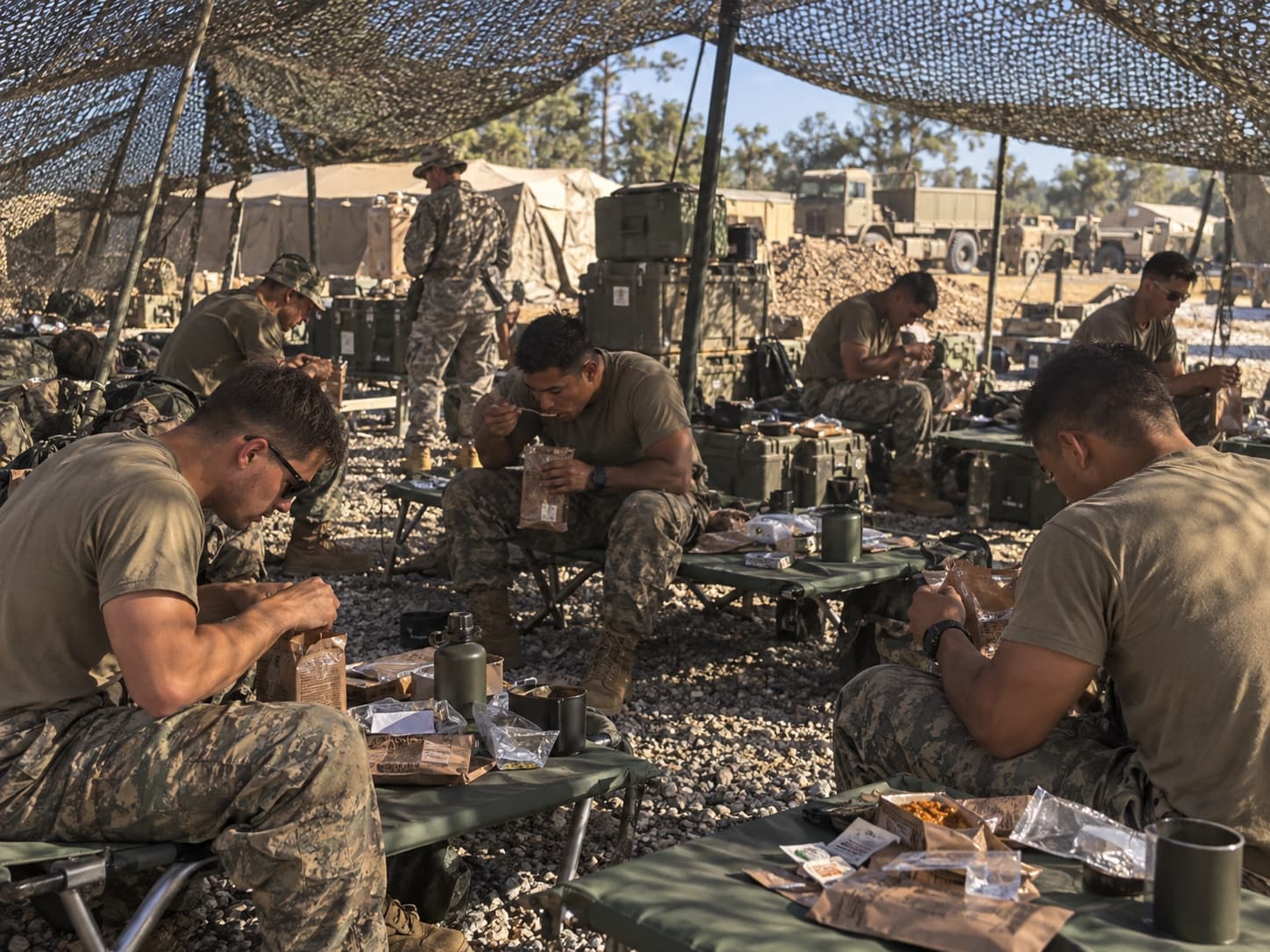 Field-meal illustration showing people eating rations under camouflage netting; food, cups and field context are the focus.